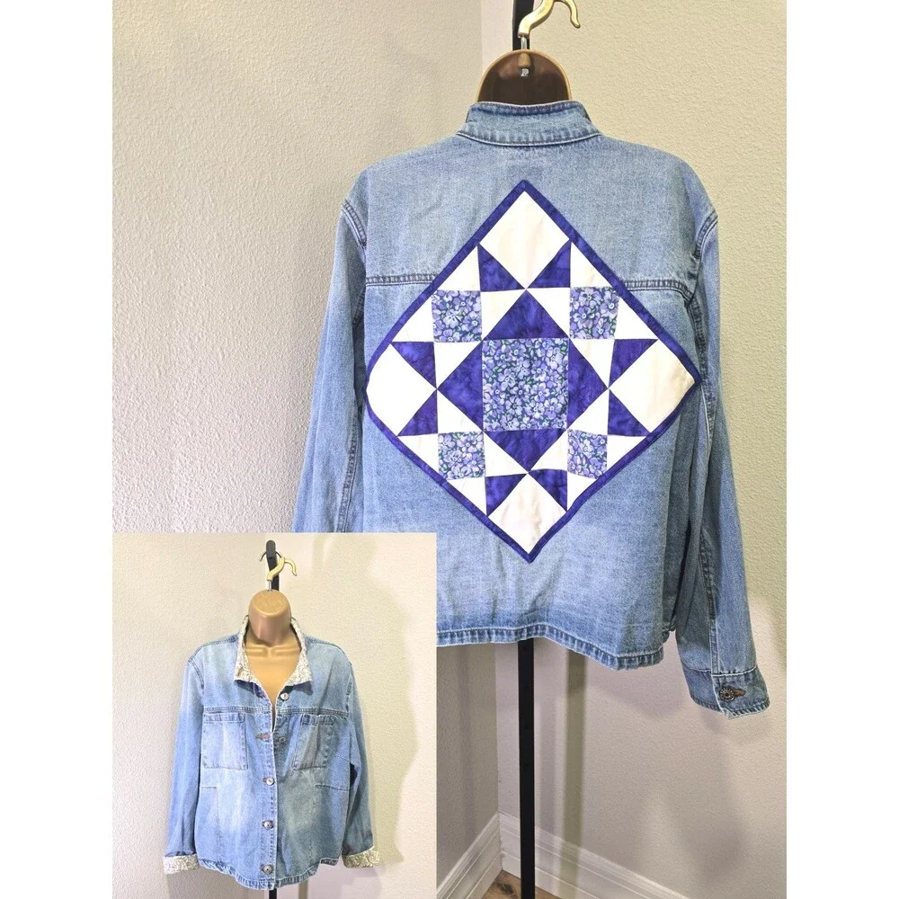 Upcycled Denim Jean Jacket Womens XL Blue Quilt Square Coastal Grandma Folk Art
